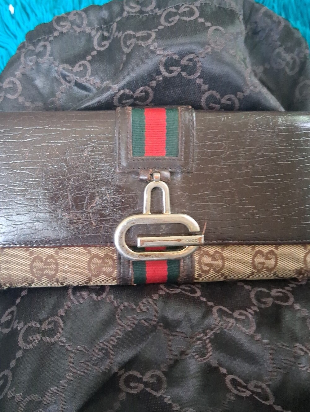 Vtg Gucci Brown Leather & GG Canvas Clutch with Green-Red Web
